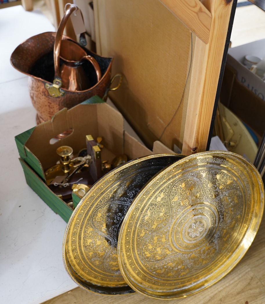 A pair of Far Eastern engraved brass rectangular trays, a copper coal scuttle and sundry metalware. Condition fair